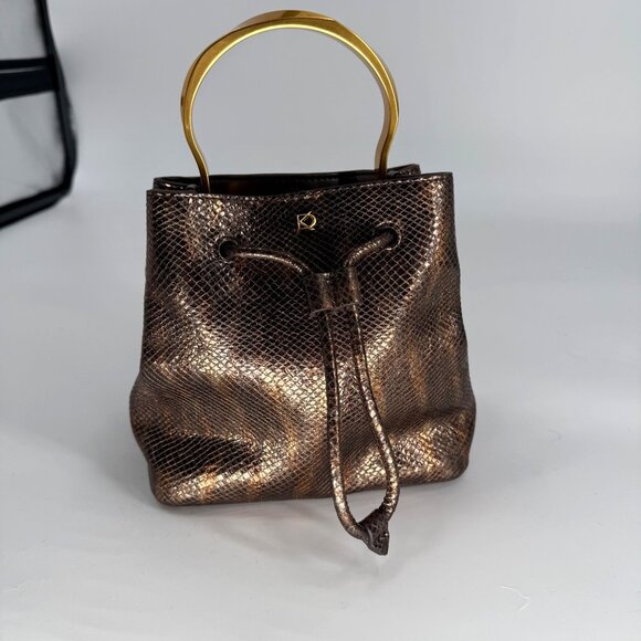 Donna Karan Drawstring Bucket Bag With Metallic Snake Print Leather - Picture 15 of 16